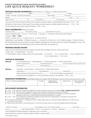 Fillable Online LIFE QUICK REQUEST WORKSHEET Fax Email Print - pdfFiller