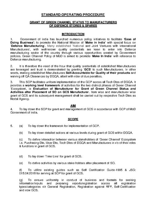 SOP for Granting Green Channel Status to Defence Manufacturers - Studocu