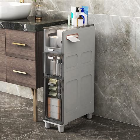 Slim 5 Drawer Bathroom Floor Cabinet with Clear Drawers and Casters for ...