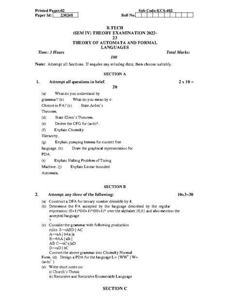 TAFL Question Paper - Printed Pages:02 Sub Code:KCS- 402 Paper Id ...