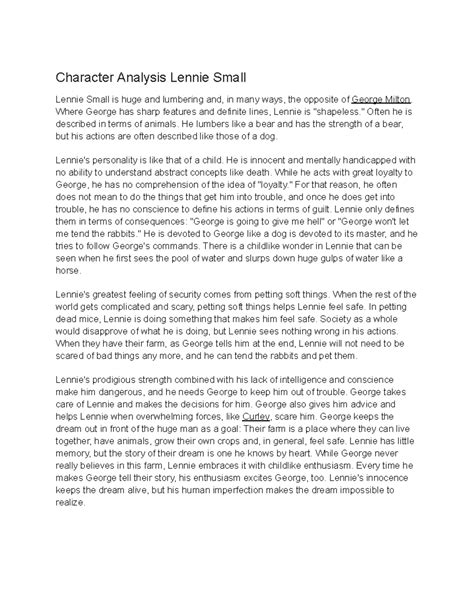 Character Analysis of Lennie Small in Of Mice and Men - Studocu