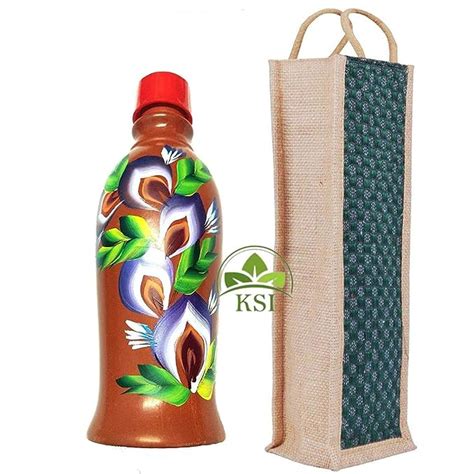 KSI Handmade Clay Water Bottle 1.4 litre With Jute Bag Earthenware Self ...
