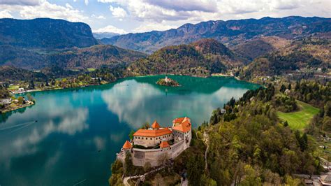 Download wallpaper forest, mountains, lake, castle, island, Slovenia ...
