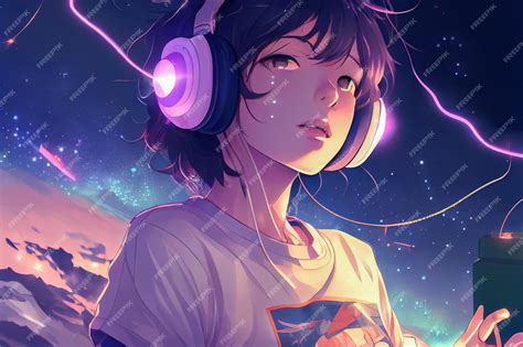 Premium Photo | Anime girl in neon headphones generative ai