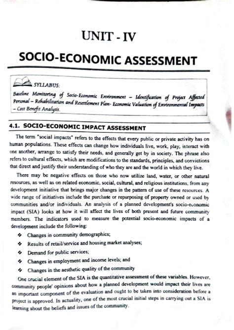 Unit IV Socio-Economic Assessment: Environmental Impact & SIA Analysis ...