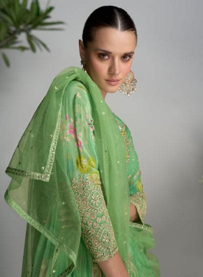 Light Green Floral Anarkali Suit in Real Chinon with Soft Net Dupatta ...