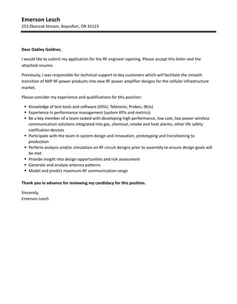 RF Engineer Cover Letter | Velvet Jobs