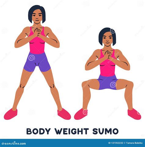 Body Weight Sumo. Wide Stance Squats. Sport Exersice. Silhouettes of ...