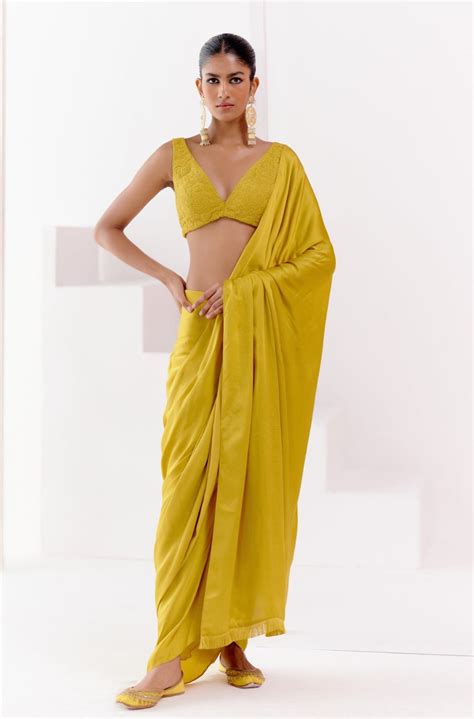 Devnaagri - Mustard Satin Pre Draped Saree