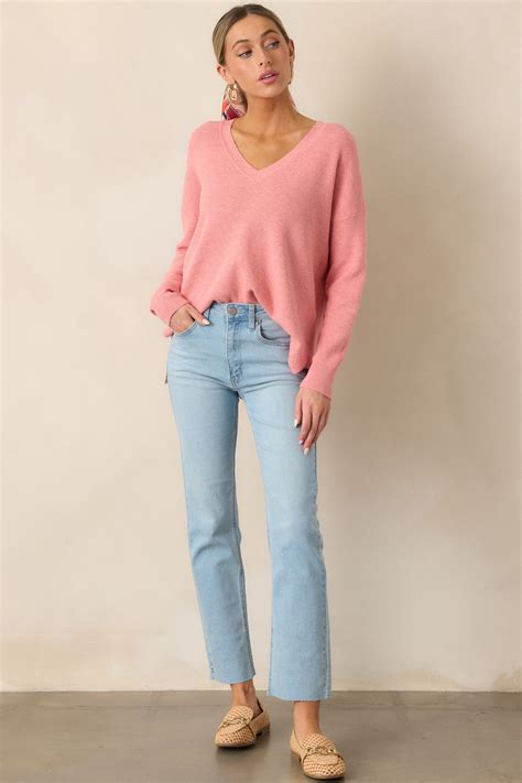 Rose Pink V-Neck Sweater - All Tops | Red Dress