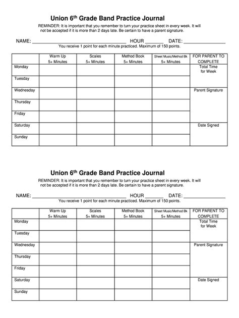 Union 6th Grade Band Practice Journal - Blank Fillable Template | Fill ...