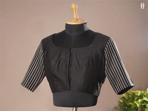 Boat Neck With Stripes Design Black Chanderi Readymade Blouse