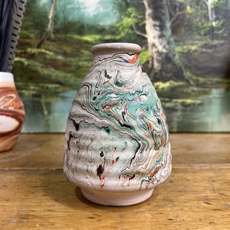 Vintage Ribbed Nemadji Pottery Vase Greens - The Junk Parlor