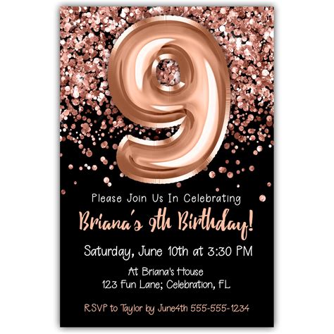9th Birthday Invitation Rose Gold Balloons Glitter on Black Birthday ...