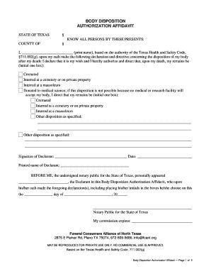 Body Disposition Authorization BAffidavitb - BFuneralb Consumers Bb ...