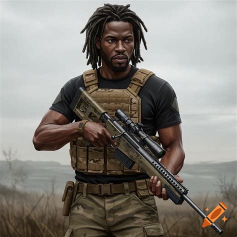 Black male with dreadlocks holding a sniper rifle on Craiyon