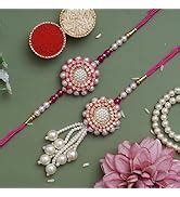 eCraftIndia Set of 2 Purple Floral & Pearl Designer Rakhis with Roli ...