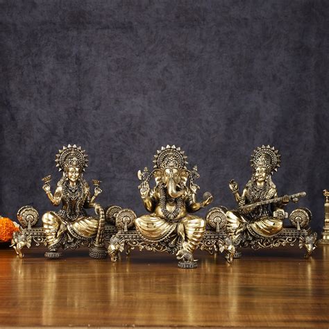 Buy Brass Superfine Large Ganesha Lakshmi Saraswati Idol Set - 7 Inch ...