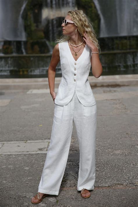 CREMONA linen vest and pants set in white women's pantsuit - Amber linen