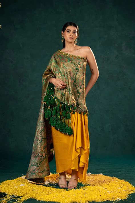Sarayah Green Brocade Assymetrical Top with draped skirt – Mansi Gajjar