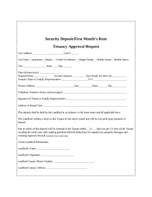 Security Deposit/First Months Rent Doc Template | pdfFiller