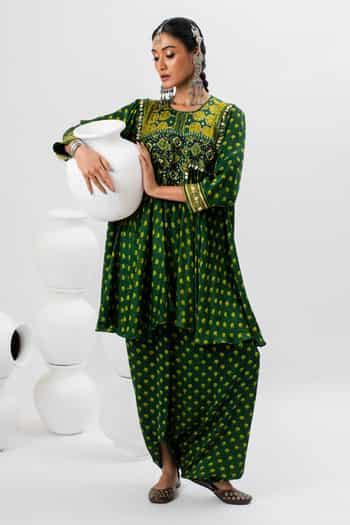 Buy Emerald Green Handloom Cotton, Satin Hand Block Ajrakh Tunic And ...
