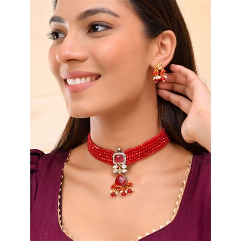 Buy Silvermerc Designs Gold-Plated Red Beaded Choker Necklace and ...