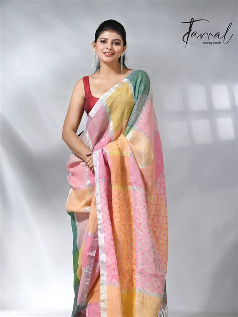 Explore the Linen products in handloom multi coloured saree – Tamal ...