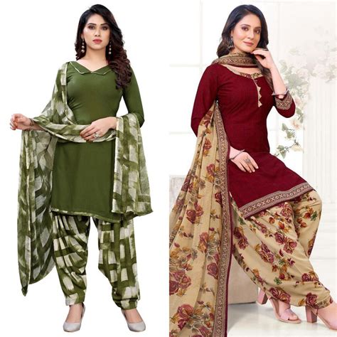 Green And Maroon Patiala Crepe Dress Material Pack Of 2