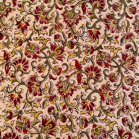 Pre-Cut 1.85 Meters Pure Cotton Kalamkari Cream With Maroon Mustard Gr ...
