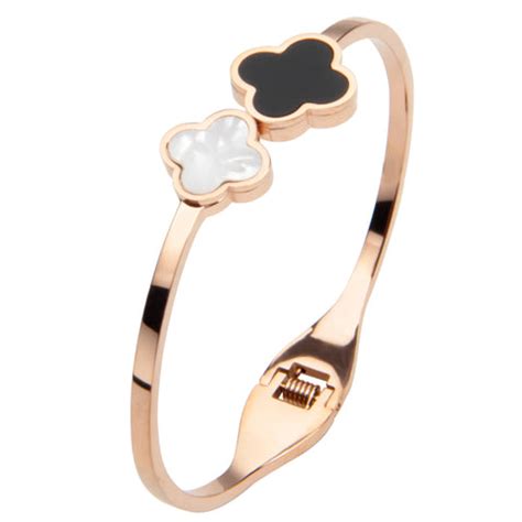 Luxurious Shell Four-Leaf Clover 18k Gold Plated Cuff Bangle Bracelet ...