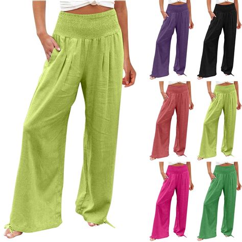 BXINGOHAI Women Summer Pants Drawstring Waist Wide Leg Pants Loose Fit ...