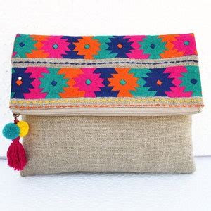 Buy Boho Pouch, Linen Bag, Kilim Pattern, Moroccan, Foldover Clutch ...