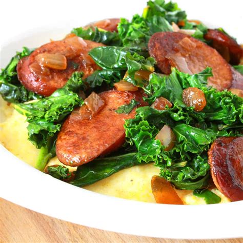 Andouille Sausage and Greens with Cheese Grits - The Daring Gourmet