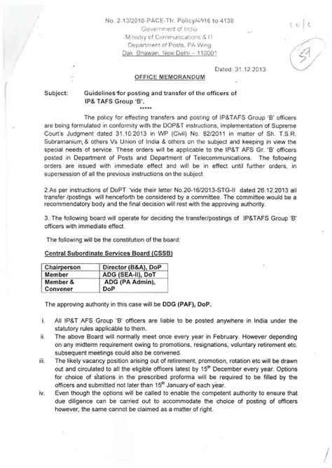 Guidelines for Posting and Transfer in the Cadre of IP &TAFS Group "B ...