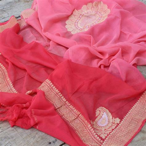 Pink Ombre Pure Chiffon Georgette Banarasi Handloom Dupatta - Tilfi