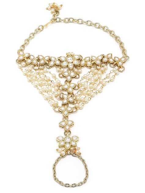 Karatcart Gold Plated Pearl Chain and Floral Kundan Hathphool for Women ...
