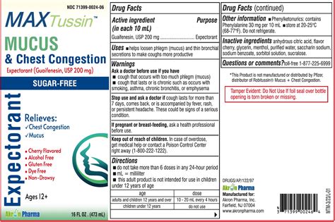 MAX TUSSIN MUCUS AND CHEST CONGESTION SUGAR FREE- guaifenesin liquid