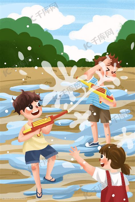 六一儿童节童趣泼水打水枪孩子游戏玩耍六一插画图片-千库网