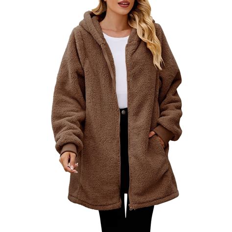 ShomPort Winter Fleece Long Jacket for Women Long Sleeve Zip up Fuzzy ...