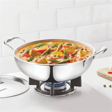 Triply Steel Borosil Kadhai 2.7 Ltr With Lid Cookware