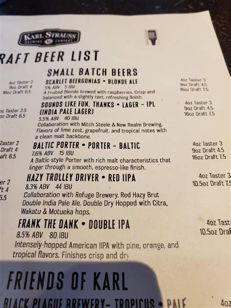 Menu at Karl Strauss Brewing Company pub & bar, Temecula