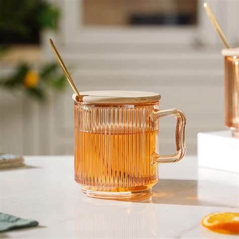 Aurora Ribbed Amber Glass Mug With Lid And Spoon Set Of 2 350 ml Online ...