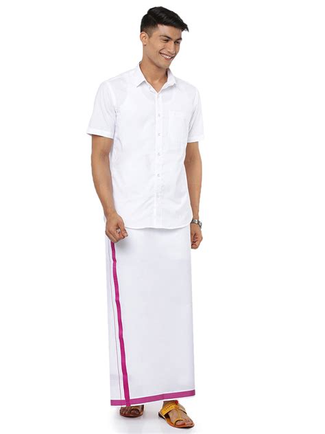 Mens Double Dhoti White with Fancy Border Anchor Special Pink-Full view