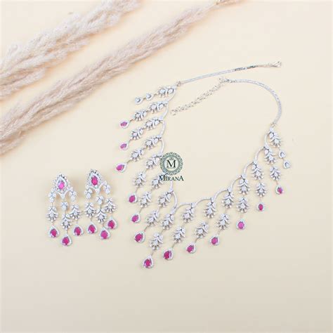 Nobisha Ruby CZ Designer Necklace Set