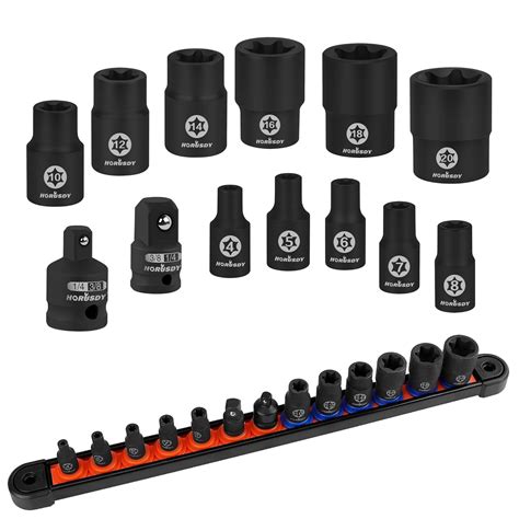 HORUSDY 11 Pc Female E Torx Star Socket Set/Rail, Female External Star ...