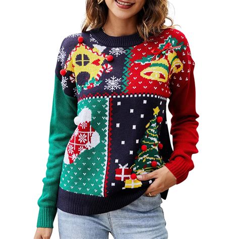 Women Knitting Pullovers Christmas Sweater Contrast Color Xmas Tops ...