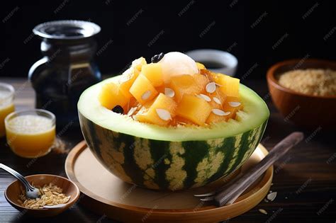 Premium Photo | Ice melon bingsu famous korean icecream