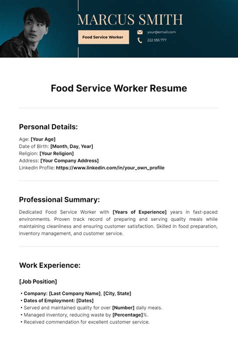 Food Service Worker Resume Template - Edit Online & Download Example | Template.net