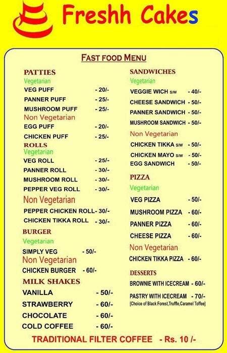 Menu at Fresh Cakes, Chennai, 65